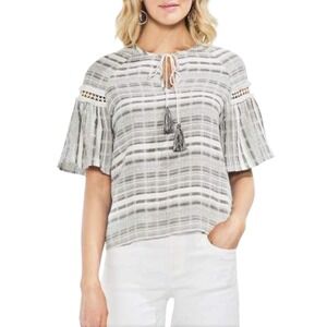 Vince Camuto Striped Tassel Top Crochet Trim Flared‎ Sleeve Blouse Size XL